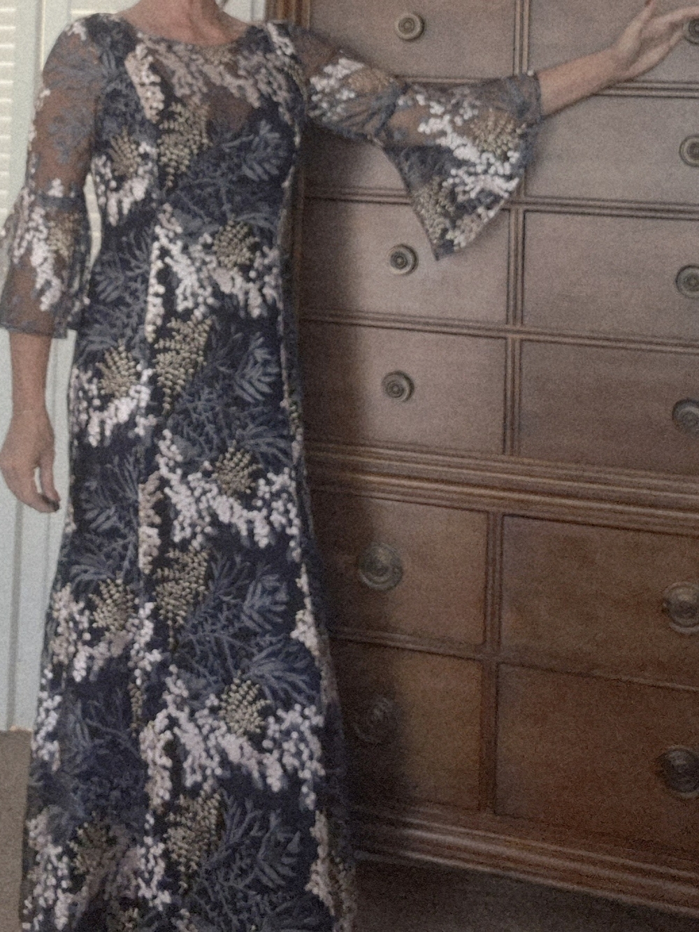Badgley Mischka Navy Floral Sequin Maxi Dress with Bell Sleeves